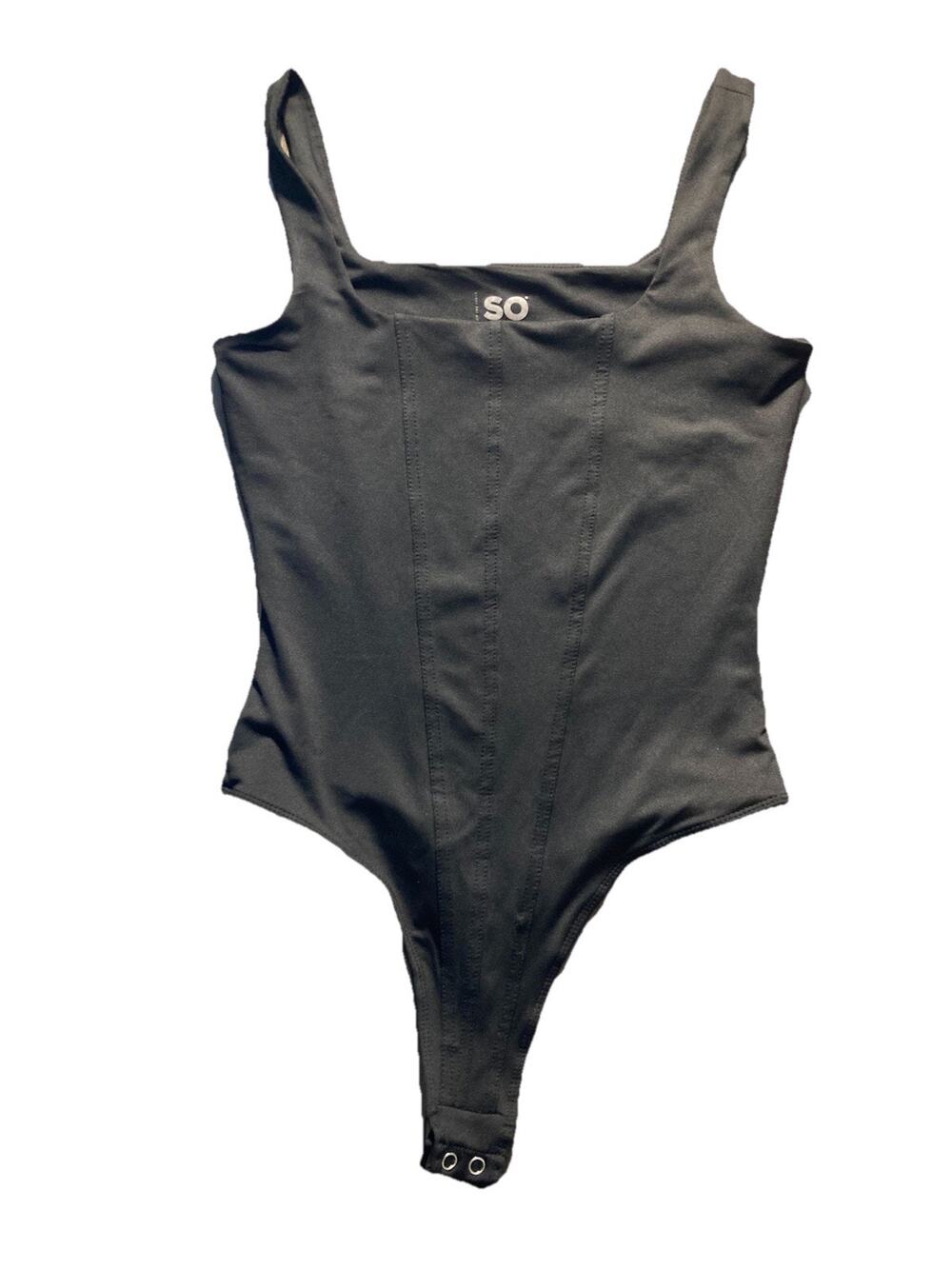 SO Women’s Bodysuit Black Size Small Tank Top Snap Close Thong Contouring Soft